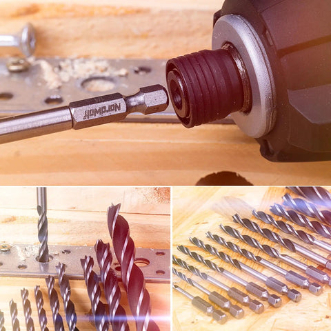 12 Piece Brad Point Wood Drill Bit Set For Woodworking And Carpentry, Double Flute Design With 1/4 Inch Hex Shank, SAE Sizes 1/8 To 1/2