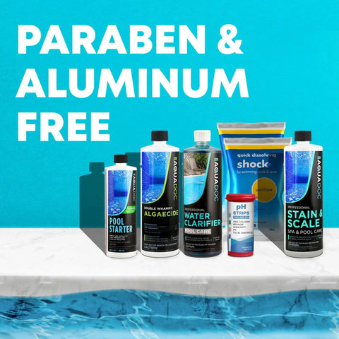 Pool Opening Kit For Inground And Above Ground Pools Kick Off Your Season With This All In One Pool Starter Kit Including Algaecide, Water Clarifier, Shock, Stain And Scale Remover, Test Strips For 15000 To 20000 Gallon Pools displayed on poolside with 'Paraben & Aluminum Free' text