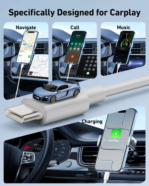Image of car dashboard with 2 Pack USB A To USB C CarPlay Cable For iPhone 17 16 15 Pro Max And iPad 3ft connecting iPhone to infotainment system.