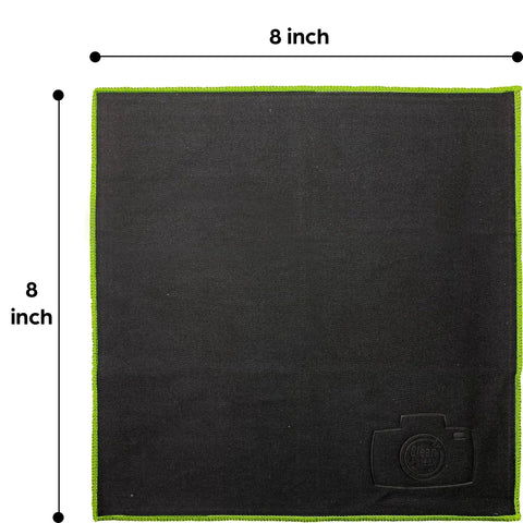 Extra Large Microfiber Cleaning Cloths 8 Pack for Glasses Lenses and Screens in black, with green edge, 8x8 inches.