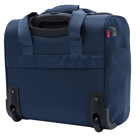 Back view of Smart Underseat Carry-On Luggage With USB Charging Port 15 Inch Navy Blue, fits major airlines, compact roller bag.
