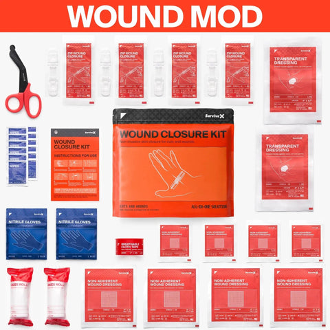 SurviveX Wound Closure Kit contents including Zip Stitch Wound Closure Strips, scissors, dressings, gloves for laceration repair.