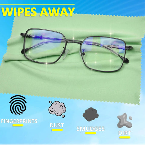 Premium Microfiber Cleaning Cloths 12 Pack For Glasses Cameras And Screens, green cloth with eyeglasses on top