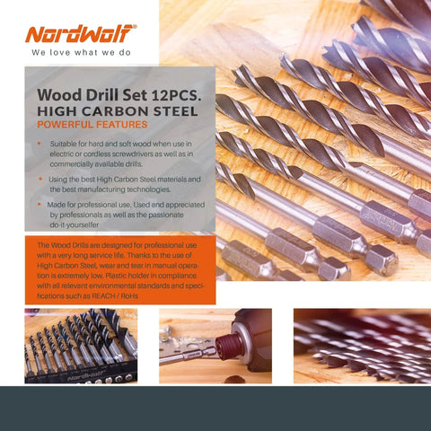 12 Piece Brad Point Wood Drill Bit Set For Woodworking And Carpentry, Double Flute Design With 1/4 Inch Hex Shank, SAE Sizes 1/8 To 1/2, Fast Drilling And Clean Holes, Pro Grade NordWolf displayed.