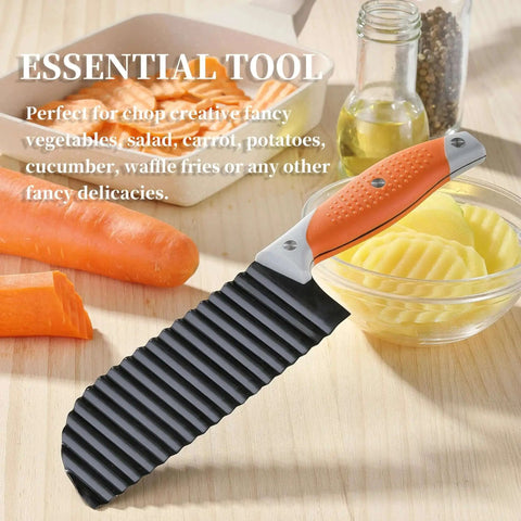 Crinkle Cut Knife For Veggies And Fries With Stainless Steel Wave Blade And Ergonomic Handle VITUER on a kitchen counter with carrots and sliced potatoes