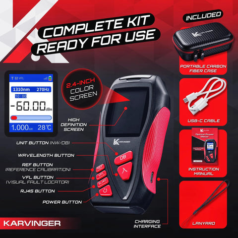 Karvinger optical power meter 4-in-1 fiber tool with VFL, RJ45 tester and LED, red/black handheld with 2.4-inch color screen