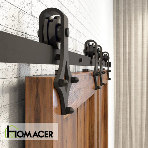 Black Rustic Non Bypass Sliding Barn Door Hardware Kit For Two Doors With 14ft Flat Track And Diamond Design Rollers installed