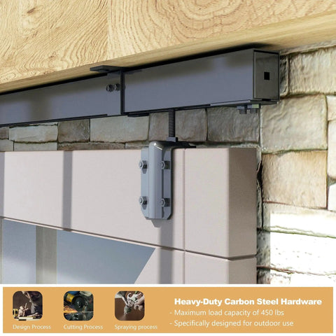 Close-up of 12Ft Black Sliding Barn Door Hardware Kit For Exterior Box Track Low Ceiling Compatible Outdoor Use Includes Three 4Ft Rails And Seven Ceiling Brackets Supports Up To 330lbs Door Not Included installed on stone wall.