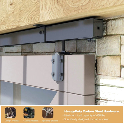Outdoor Ceiling Mount Double Sliding Barn Door Hardware Kit 16 Feet Heavy Duty Box Track For Exterior Use Fits 2 By 48 Inch Doors Max Load 300 Lbs Hardware Only No Door installed view with brick wall background