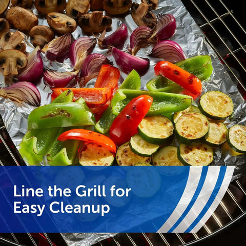 Vegetables grilling on heavy duty aluminum foil roll 200 feet long by 12 inches wide 200 square feet total perfect for grilling.