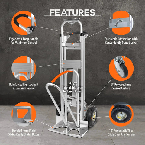 Convertible Hand Truck 3 In 1 Dolly with ergonomic handle, extendable loop, and beveled nose plate. Heavy duty aluminum frame. Features labeled.
