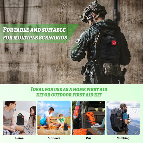 Trail Ready Outdoor Trauma First Aid Kit For Camping And Hiking with hemostatic gauze shown in outdoor and home use scenarios