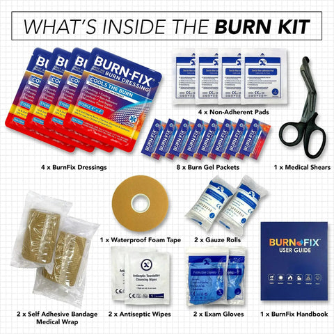 Complete 25 Piece Burn First Aid Kit With Hydrogel Dressings And Burn Gel For Fast Relief Sterile Gloves Scissors And Wipes BurnFIX contents