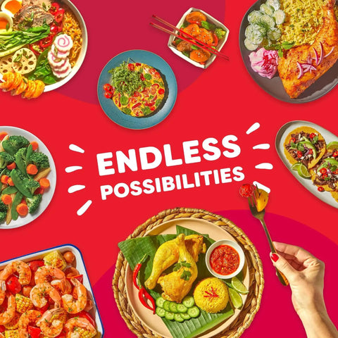 Assortment of colorful dishes representing meals made with a 7 In 1 Electric Pressure Cooker With App For Recipe Library on a red background