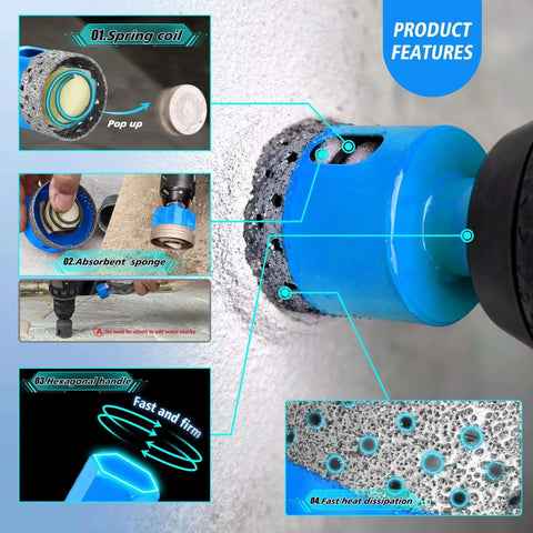 Close-up of Diamond Tile Hole Saw Kit For Porcelain And Ceramic Tiles 12pc in action with highlighted features like spring coil and sponge.
