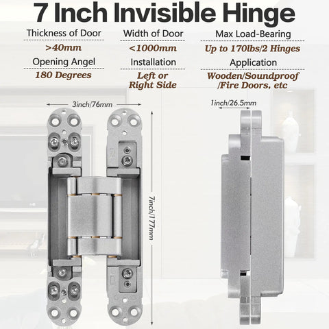 Diagram of 7 inch invisible hinge showing dimensions and installation for hidden door hinges 7 inch stainless steel concealed hinges for doors.