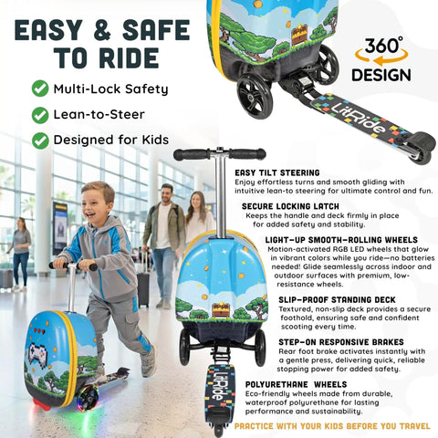 Kids enjoying ride on luggage with built-in scooter and LED light-up wheels, durable hardshell suitcase for ages 5 to 12 in airport setting.