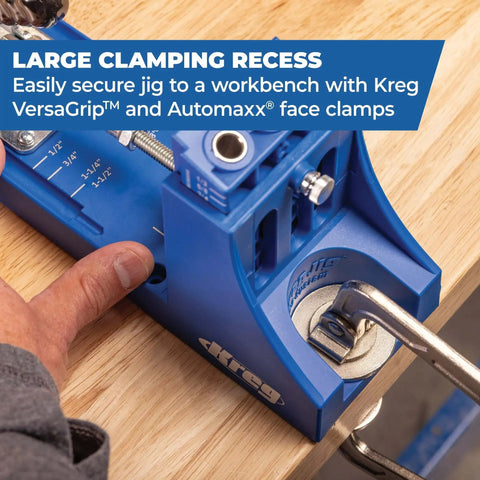 K4 Plus Pocket Hole Jig With Drilling Guide And Dust Collection securing to workbench with clamp, showing side view.