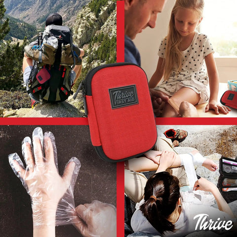 Mini First Aid Kit For Travel And Adventure By Thrive, red 66-piece waterproof set in use outdoors and at home, compact design.