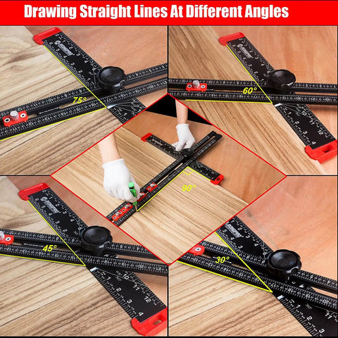 4 In 1 Adjustable T Square Measuring Tools With A 24 Inch Aluminum Ruler Protractor Bevel Gauge And Square For DIY Woodworking Pro Grade Quality Handy Cabinet Hardware Jig Marking Gauge Kit Includes Portable Storage Bag In Black used at various angles on wood surface