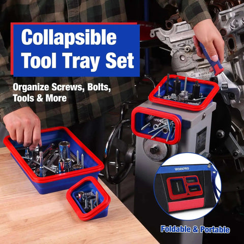 Four Piece Collapsible Magnetic Parts Tray Set With Dual Sided Magnets for Screws Nuts Pins Foldable Bolt Tray in use in garage