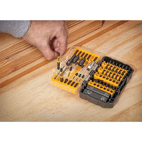 Impact Ready Flextorq 40-Piece Steel Screwdriver Bit Set By DeWalt With Extended Flextorq Zone in open case on workbench.