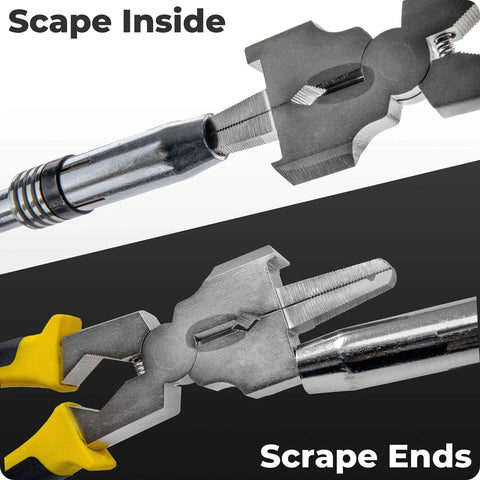 Versatile all-in-one welding pliers kit with slag hammer, scraper, flat face hammer, and files, close-up on scraping ends
