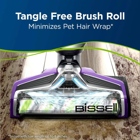 Front view of BISSELL Tangle-Free CrossWave brush roll head; purple side panels, gray center, blue light accents.