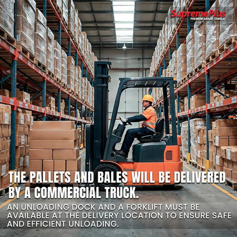 Warehouse forklift operator moving pallets of boxes along high shelves, showcasing logistics and storage operations.