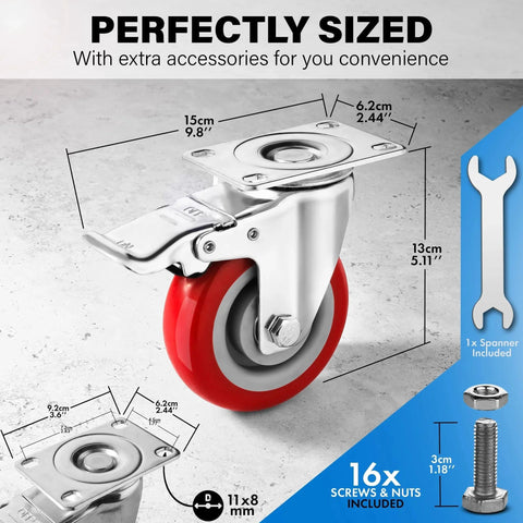 Heavy Duty 4 Inch Caster Wheels Set Of 4 With Brakes 2200 Lbs Load Capacity Lockable Cart Wheels 360 Degree Rotatable