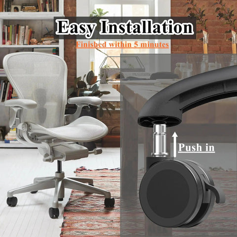 Office Chair Wheels With Brakes 2.36 Inch Diameter Locking Caster Replacement Set Of Five For Carpet And Hardwood Floors With Universal 7/16 Inch Stem 11mm Fit Standard Office Chairs And Stools For Smooth Rolling And Secure Braking shown installed on chair with push-in feature.