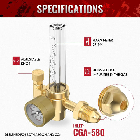 Welder Gas Regulator With Flow Meter For Argon Helium And CO2 Tanks Zero To Sixty CFH Flow Range MIG TIG Compatible ARG 2 Bestarc Brand