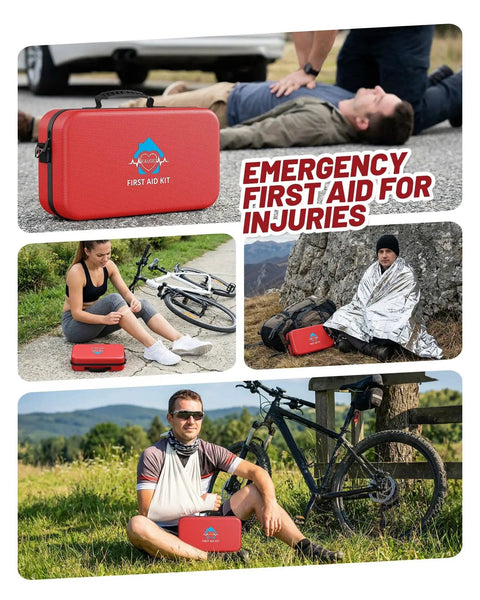 500 Piece First Aid Kit for Home, Car, Travel, Camping and Office, used for outdoor emergencies and injuries, red case in use