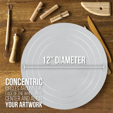 12 Inch Sculpting Wheel With Heavy Duty All Metal Construction And Ball Bearing Turntable For Pottery Ceramics And Clay Art Large Studio Tool For Artists And Crafters US Art Supply, showcasing concentric circles and a variety of sculpting tools on a wooden surface.