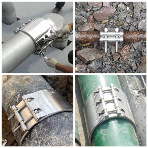 Emergency Fast Fix Pipe Repair Clamp Kit in use on various pipes, showcasing 304 stainless steel with high-tough rubber liner for 20-23mm pipes
