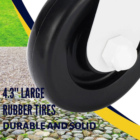 Close-up of 4.3-inch rubber tire from Spring Loaded Gate Caster Kit For Wooden And PVC Fences, showing durable black wheel and white base.