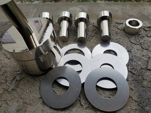 Coin Ring Puncher And Spacer Set For DIY Jewelry Making 5 Punch Tool with spacers and metal punches displayed on concrete surface.