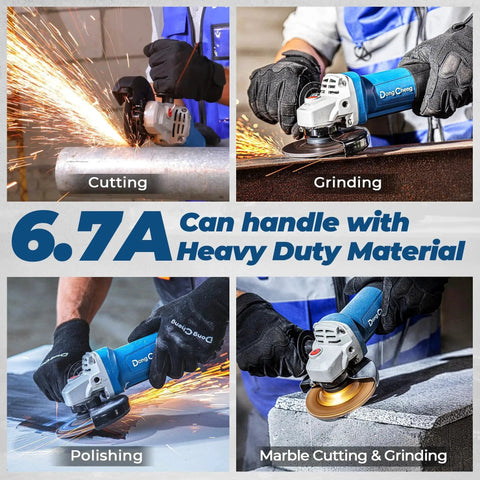 High Power Four And A Half Inch Angle Grinder With 6.7 Amp Copper Motor And 11,800 RPM Paddle Switch For Instant Stop Includes Cutting Wheel Grinding Wheel Flap Discs And Auxiliary Handle DongCheng For Metal Rust Removal And Beginner Friendly Use in action cutting, grinding, polishing, and marble cutting.