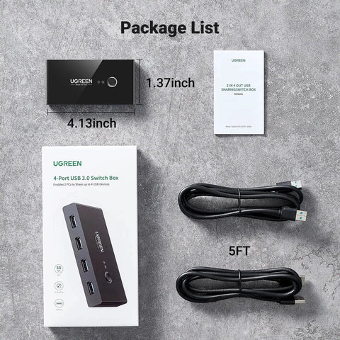 Two In Four Out USB 3.0 Switcher For Two Computers With Four Shared USB Ports, one button, two cables, package contents displayed