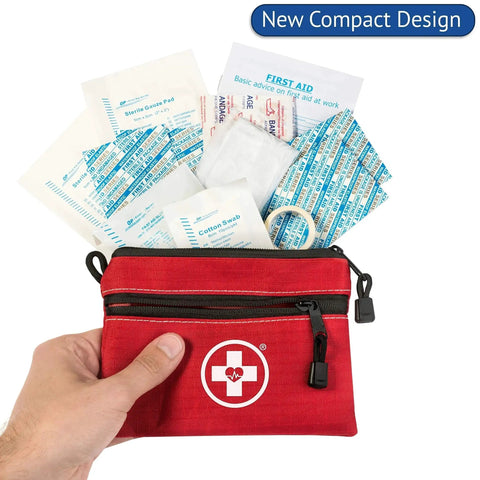 All Purpose 64 Piece 2 In 1 Car Travel First Aid Kit For Home And Outdoors With Bonus Mini Medical Emergency Kit by Swiss Safe in red case