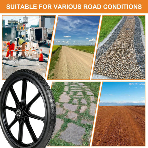 20 Inch Flat Free Wheel And Tire For Wheelbarrow And Garden Cart Replacement Pack Of 2 shown in front of various terrains.