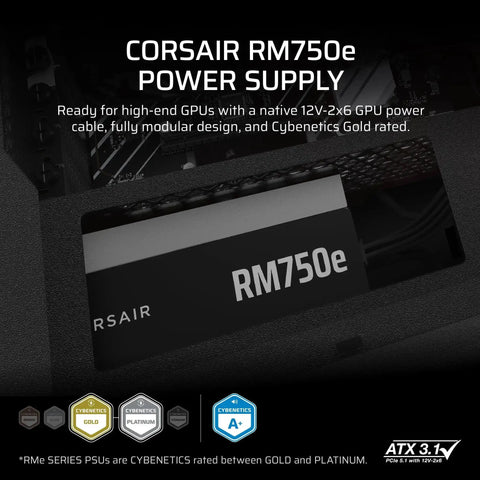 Fully Modular Low Noise 750W ATX 3.1 Power Supply With 12V 2x6 Cables, PCIe 5.1 Ready, Gold Efficiency, 105C Rated Capacitors, Modern Standby Mode, Black, showing product label and certification.