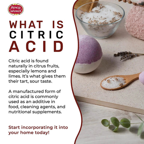 Information graphic about citric acid with a bowl and spoon containing citric acid powder. Text explaining uses of citric acid.