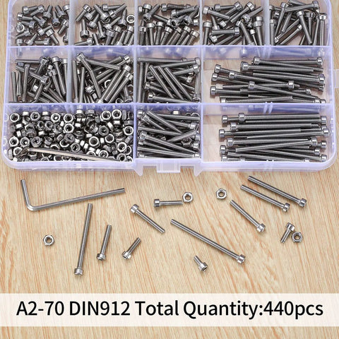 M3 Stainless Steel Screw And Nut Assortment Kit 440 Pcs Hex Socket Head Cap Screws Nuts Bolts in clear storage box