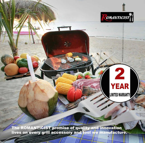 Elite 4Pc Heavy Duty Grill Tools Set For Top Chefs ROMANTICIST Spatula Fork Tongs And Basting Brush on beach with grill