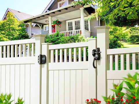 Heavy Duty Self Closing Gate Hinges With Adjustable Tension Springs For Square Post Vinyl PVC And Wood Pool Safety Hinge Built To Last With Swing Close 185 Pound Rating SHC135 Black Safetech installed on white fence