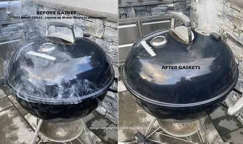 Fireblack hi-temp smoker gasket on black kettle grill; left shows before gasket, right after installation.