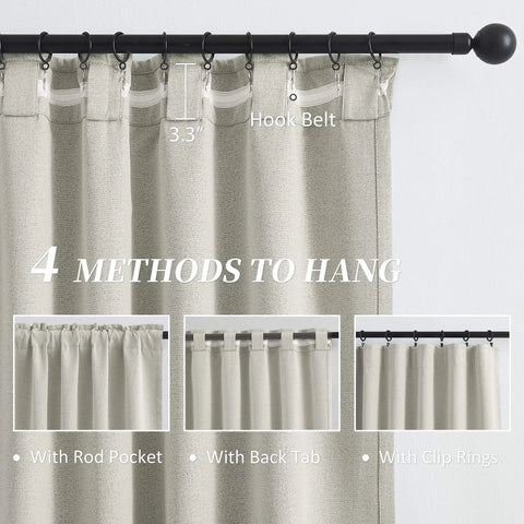 100 Percent Blackout Linen Curtains in Greyish Beige, 50x126 Inches, showing 4 hanging methods: rod pocket, back tab, and clip rings.