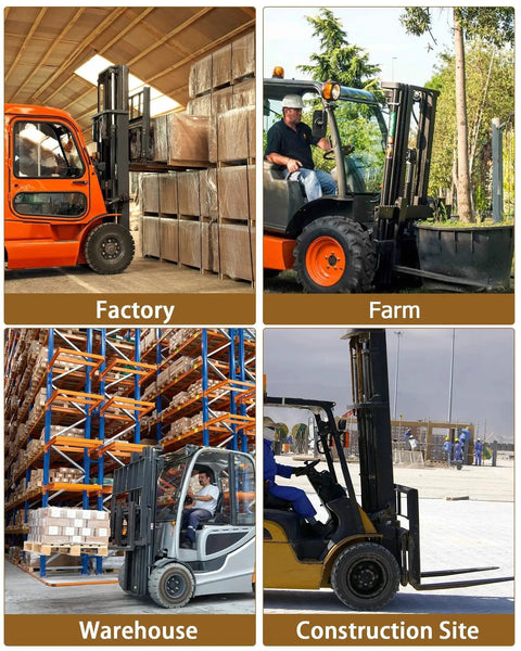Variety of forklifts in use at factory, farm, warehouse, and construction site environments