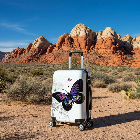 Butterfly Print Spinner Luggage With Lightweight Hardside ABS PC Exterior And Scratch Resistant Finish, 20 Inch Carry On Suitcase outdoors.